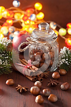 Winter decoration spices cinnamon christmas tree nuts lights
