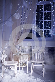 Winter decoration. Table for romantic dinner for two.