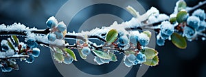 Winter decorations banner. Snow branch with blue berries on blue nature background