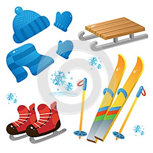 Winter decorative set for kids. Ski and skates. Wood sledge. Cap. Mittens. Scarf. Winter clothes. Winter leisure activities photo