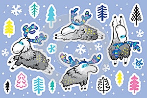 Winter deer with decorative horns sticker set. Vector illustration