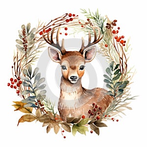 Winter Deer In Wisteria Leaves Wreath Vector Illustration