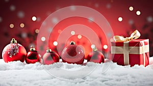 Winter Delights Panoramic Image of Gift Box and Red Christmas Balls on Snow - Festive Holiday Scene. created with Generative AI