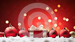 Winter Delights Panoramic Image of Gift Box and Red Christmas Balls on Snow - Festive Holiday Scene. created with Generative AI