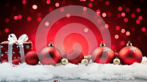 Winter Delights Panoramic Image of Gift Box and Red Christmas Balls on Snow - Festive Holiday Scene. created with Generative AI