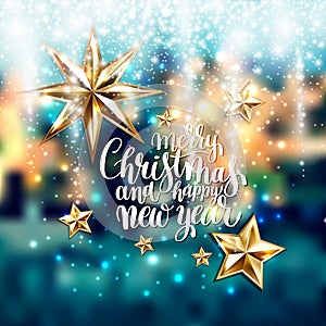 winter design with holiday lights and handwritten lettering merry christmas and happy new year