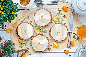 Winter Desserts, Meringue Tartlets with Kumquat Jam and Raspberries, Teapot, Teacups