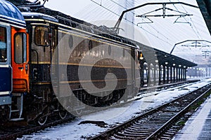 Winter detail train view. Train on the platform of Bucharest North Railway Station Gara de Nord Bucuresti in Bucharest, Romania