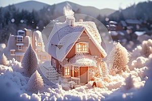 Winter diorama Miniature house in a snowy and enchanting setting