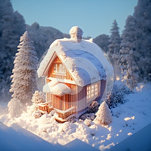 Winter diorama Miniature house in a snowy and enchanting setting