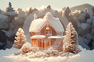 Winter diorama Miniature house in a snowy and enchanting setting