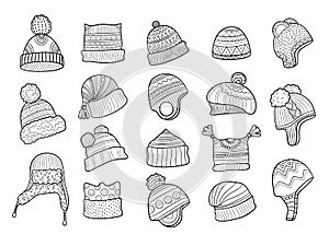Winter doodle hat. Clothes flapping ears warm hat with fur knitted vector sketches illustrations
