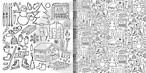 Winter doodle set and seamless pattern