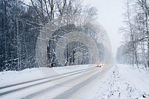 Winter drive through woods