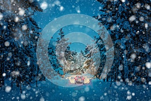 Winter Driving at snowfall night - Lights of car in snowy road
