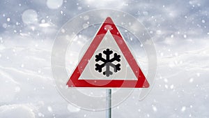 Winter driving - warning sign - risk of snow and ice