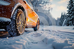 Winter driving Wheel of a car in a snowy setting