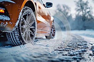 Winter driving Wheel of a car in a snowy setting