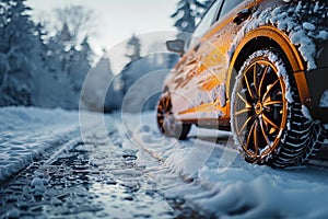 Winter driving Wheel of a car in a snowy setting