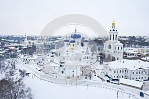 Winter drone shot of Holy Bogolubsky Women`s Monastery, in Bogolubovo