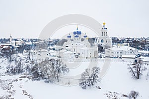 Winter drone shot of Holy Bogolubsky Women`s Monastery, in Bogolubovo