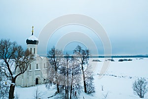 Winter drone view of Church of the Intercession on the Nerl in Bogolubovo