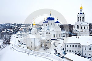 Winter drone view of Holy Bogolubsky Women`s Monastery, in Bogolubovo