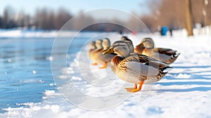 Winter Ducks on the Edge of a Icy Pond.