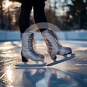 Winter elegance Legs gracefully glide over the glistening ice skating rink