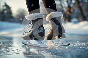 Winter elegance Legs gracefully glide over the glistening ice skating rink