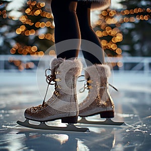 Winter elegance Legs gracefully glide over the glistening ice skating rink