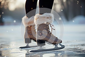 Winter elegance Legs gracefully glide over the glistening ice skating rink