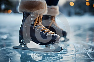 Winter elegance Legs gracefully glide over the glistening ice skating rink