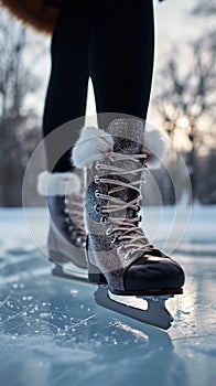 Winter elegance Legs gracefully glide over the glistening ice skating rink