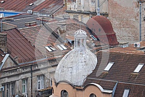 Winter in Europe, rooftops of buildings in downtown of Belgrade, Serbia