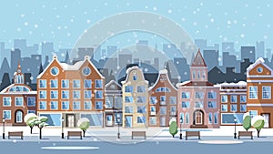 Winter European city - houses and shops, a Park with lanterns and benches, a snow-covered city. Vector illustration in a