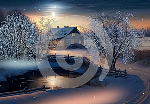 Winter evening in countryside wooden cabin,snow fall trees covered by snow,nature landscape