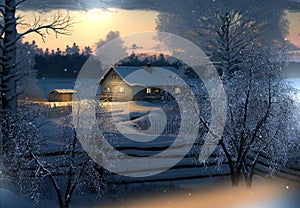 Winter evening in countryside wooden cabin,snow fall trees covered by snow,nature landscape