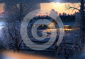 Winter evening in countryside wooden cabin,snow fall trees covered by snow,nature landscape