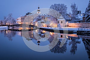 Winter evening in historical city Ceske Budejovice in the Czech Republic