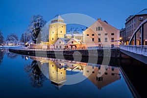 Winter evening in historical city Ceske Budejovice in the Czech Republic