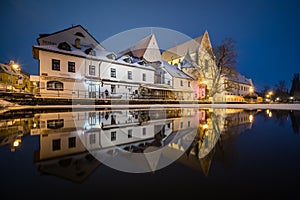 Winter evening in historical waterfront of city Ceske Budejovice in the Czech Republic