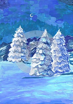 Winter evening landscape with snowy Christmas trees. Children`s drawing