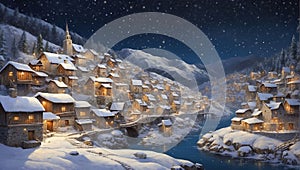 Winter evening in a mountain village, snow falling on houses.