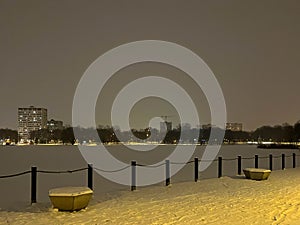 Winter evening by the pond