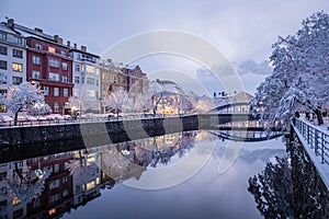 Winter evening at river in historical city Ceske Budejovice in the Czech Republic