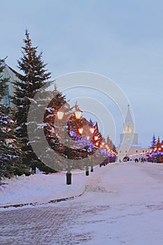 In winter evening on Sheinkman Street. Kazan, Russia