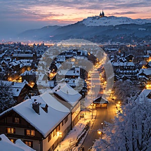 Winter evening sunset with snowy and illuminated buildings, Rosengarten, Bern, UNESCO, Switzerland made with