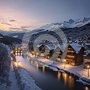 Winter evening sunset with snowy and illuminated buildings, Rosengarten, Bern, UNESCO, Switzerland made with