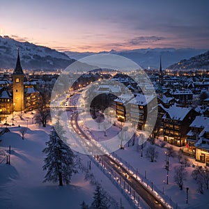 Winter evening sunset with snowy and illuminated buildings, Rosengarten, Bern, UNESCO, Switzerland made with